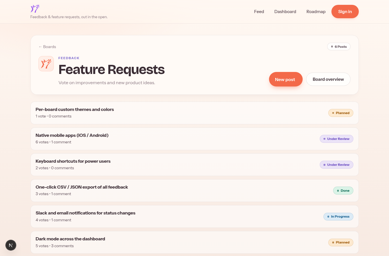 Snapshot of the live Howllo Feature Requests board with six real posts, votes, and progress statuses